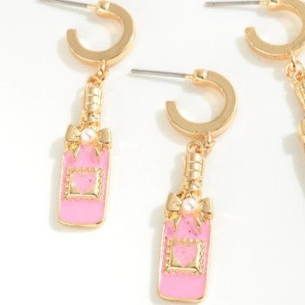 Pink Enamel Champagne Heart Pearl Dangle Charm Huggie Hoop Earrings - Picture 2 of 3